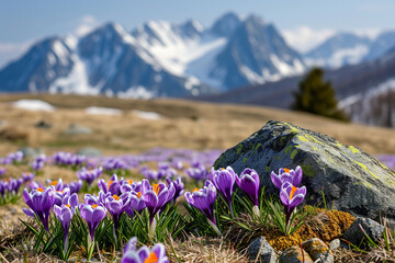 Obraz premium purple crocuses on background of mountain spring landscape,delicate spring flowers,messengers of spring,delight eye with bright colors,concept of spring renewal,beginning something new,spring design