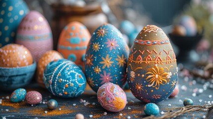 Group of Colorful Painted Eggs on Table