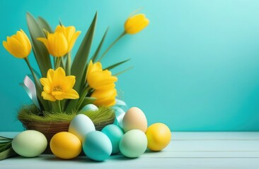 Fototapeta na wymiar Pastel eggs and flowers on blue background, Easter still life with copy space