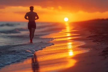 Ingelijste posters A muscular man jogging on a beach during sunrise, view from behind © Denis