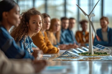 Diverse group of people at a table with a model of a wind turbine, solar panels and a world map. Modern conference room, large windows, natural light.