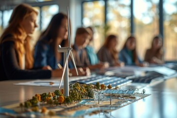 Diverse group of people at a table with a model of a wind turbine, solar panels and a world map. Modern conference room, large windows, natural light.