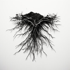 studio black and white picture of a piece of a small black simple root white background сreated with Generative Ai