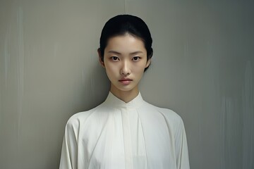 asian girl looking straight,woman model in white shirt,,gray background in minimalism style