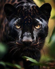 Black Panther Stalks Prey in the Forest. Wildlife Photography