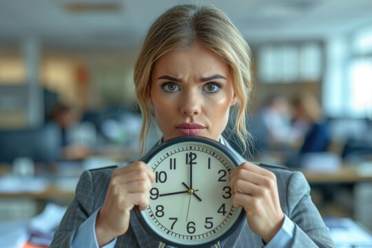 A woman in a business suit tightly gripping her watch, illustrating stress.
