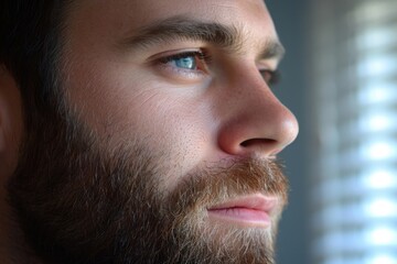 Obraz premium Close up of a full, groomed beard on a man's face, angle from the side