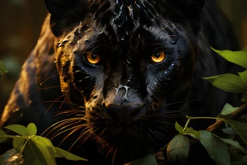 Tuinposter Black Panther Stalks Prey in the Forest. Wildlife Photography © Resdika