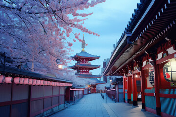 Fototapeta premium Cherry blossoms and Temple in Asakusa Tokyo, Japan