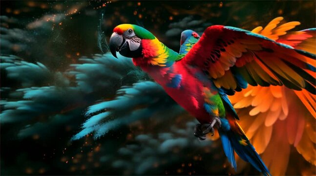 parrot with a colorful powder burst on a black background