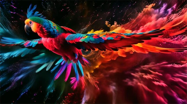 parrot with a colorful powder burst on a black background