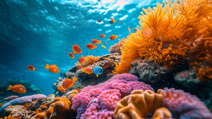 Naklejka na ściany i meble Natural coral reef vivid background, underwater view with fish