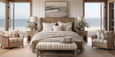 Cozy modern white Coastal chic bedroom with a clear light and white sofa in a new hotel apartment bedroom with natural wood furniture and a beige color scheme, Coastal chic interior design
