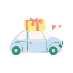 Blue retro car is carrying gifts. February 14 card, Valentine's day. Gifts delivery. 8 March, International Happy Women's Day. Hand drawn vector design