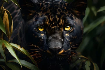 Tuinposter Closeup of Black Jaguar Stalking Prey While Hiding in Forest Bushes © Resdika