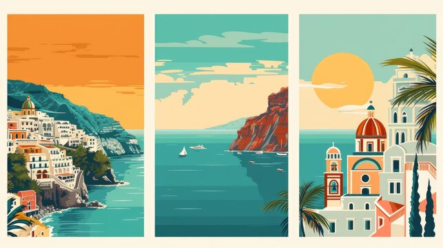 Set of Travel Destination Posters in retro style. Santorini Greece, Morocco, Amalfi Coast Italy prints. European summer vacation, holidays concept. 