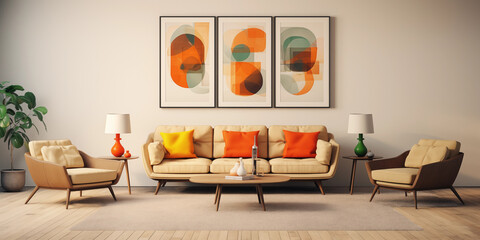 beige sofa set with colorful multicolored pillows against wall with art poster frames. Pop art, scandinavian home interior design of modern living room interior design, interior design