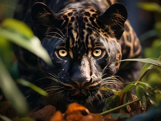 Tuinposter Closeup of Black Jaguar Stalking Prey While Hiding in Forest Bushes © Resdika