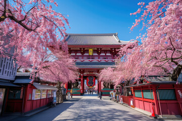 Fototapeta premium Cherry blossoms and Temple in Asakusa Tokyo, Japan