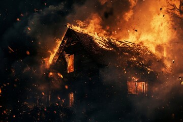A private house engulfed in fire. Arson or natural disaster - obrazy, fototapety, plakaty