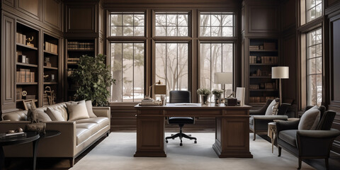a Transitional-style home office with a reclaimed wood desk and lamp on it, a Wooden bookshelf, and an exposed Natural lighting, Transitional interior design 