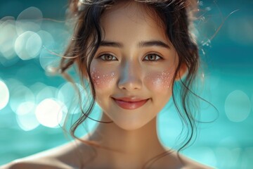 Smiling young woman with sparkling eyes enjoys a sunny day by the pool, capturing the essence of summer with playful confidence and charm