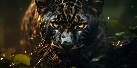Foto op Canvas Closeup of Black Jaguar Stalking Prey While Hiding in Forest Bushes © Resdika