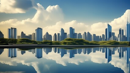 A Tranquil Cityscape Mirrored in Calm Waters”