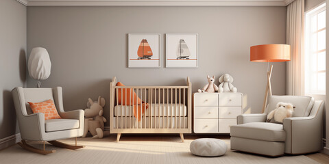 A transitional-style nursery with a convertible crib, soft area rugs, with art poster frames on wall. Transitional interior design 