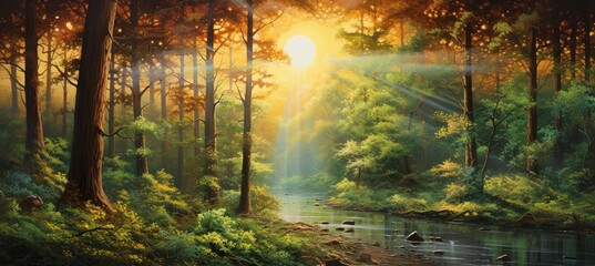 the sun is shining through a green forest