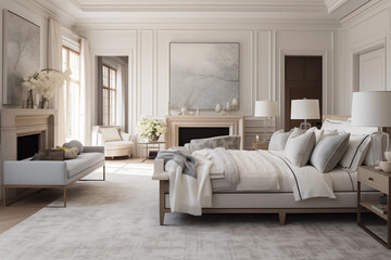 Transitional bedroom Interior design, luxurious large white bedroom, Transitional interior design 