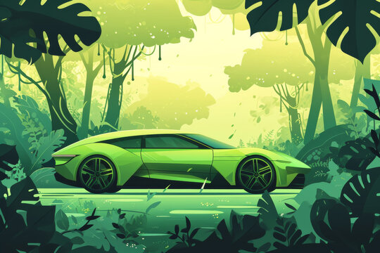A future new enger green car in the background and trees.