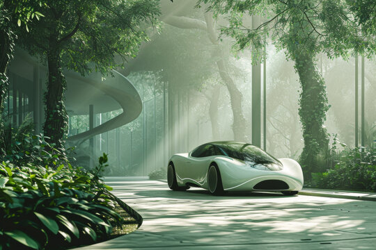 A future new enger green car in the background and trees.