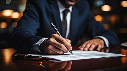 Elegant Executive Signing a Crucial Contract at Duskю In the warm glow of evening, a sharply dressed executive finalizes a significant agreement, the pen poised in a moment of decisive commitment.