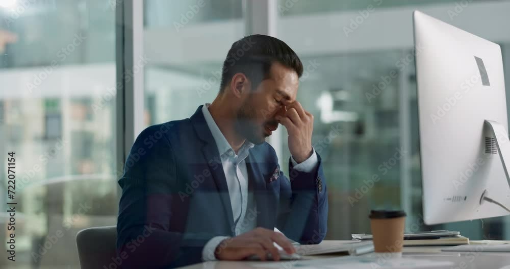 Poster business man, headache and tired on computer for information technology, online planning and office 