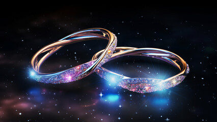 Two beautiful wedding rings with many small diamonds shining sparkling on a dark sparkling background. Love romance concept - obrazy, fototapety, plakaty