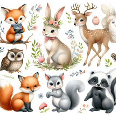 cute watercolor wildlife baby animals illustrations set