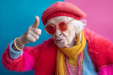 An elderly woman exudes vibrant style, sporting a pink hat and sunglasses with a touch of orange, showcasing her unique fashion sense despite the wrinkles on her face