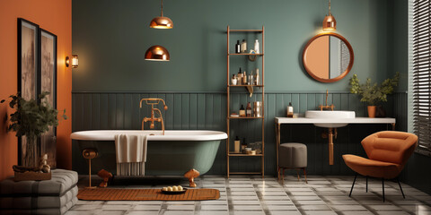 The interior of a bathroom is depicted, featuring a stool,  white bathtub and side chair, sink and mirror above sink, Mid-century interior design