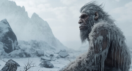 Prehistoric man in a cold frozen landscape, Homo erectus, illustration generated by AI