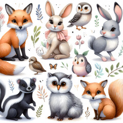 cute watercolor wildlife baby animals illustrations set