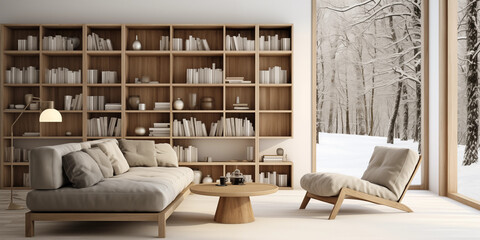 Scandinavian Reading Retreat A dedicated reading space with built-in bookshelves, oversized armchairs, and soft reading lights with white sofa and round wooden coffee table, Scandinavian interior