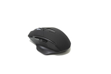 A contemporary wireless black computer mouse, isolated on a white background.