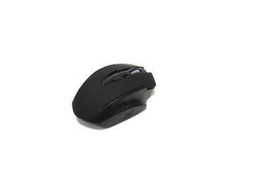 A contemporary wireless black computer mouse, isolated on a white background.