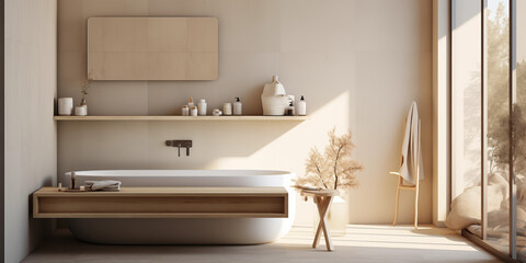 Fototapeta na wymiar Scandinavian bathroom with sunlight and natural wood accents. Modern simplicity and elegance concept Scandinavian style, Scandinavian interior design