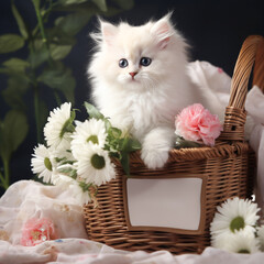 white little fluffy kitten sitting in a basket with flowers