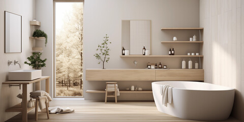 Fototapeta na wymiar Modern minimalistic bathroom with wood accents, A bathroom with a sink, a toilet, and a tub with a few items on the shelves, Scandinavian interior design