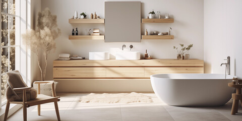 A serene, sunlit modern Minimalist bathroom with a sleek white bathtub, wooden vanity, and minimalistic decor, highlighted by natural light, Scandinavian interior design