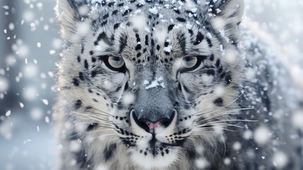 Close-up of snow leopard in habitat. Wild animal in monochrome style. Snowfall. Illustration for cover, card, postcard, interior design, banner, poster, brochure or presentation.