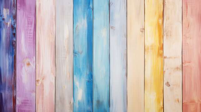 Pastel colourful painted wooden texture background. Light colour palette. Generative AI